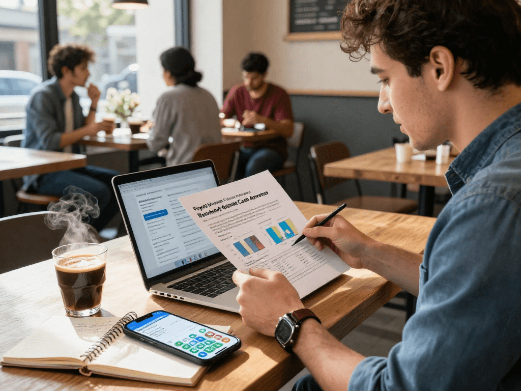 Entrepreneur evaluating PayPal merchant cash advance options at a coffee shop with financial documents and laptop.